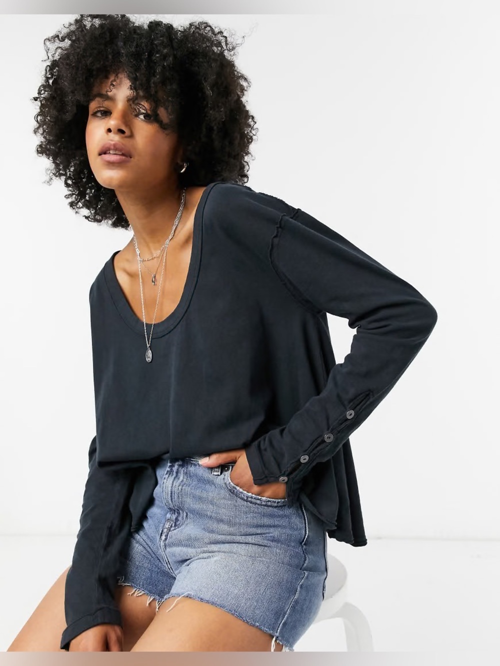 Free People Peony Button Sleeve Top in Black Size Small New with tag